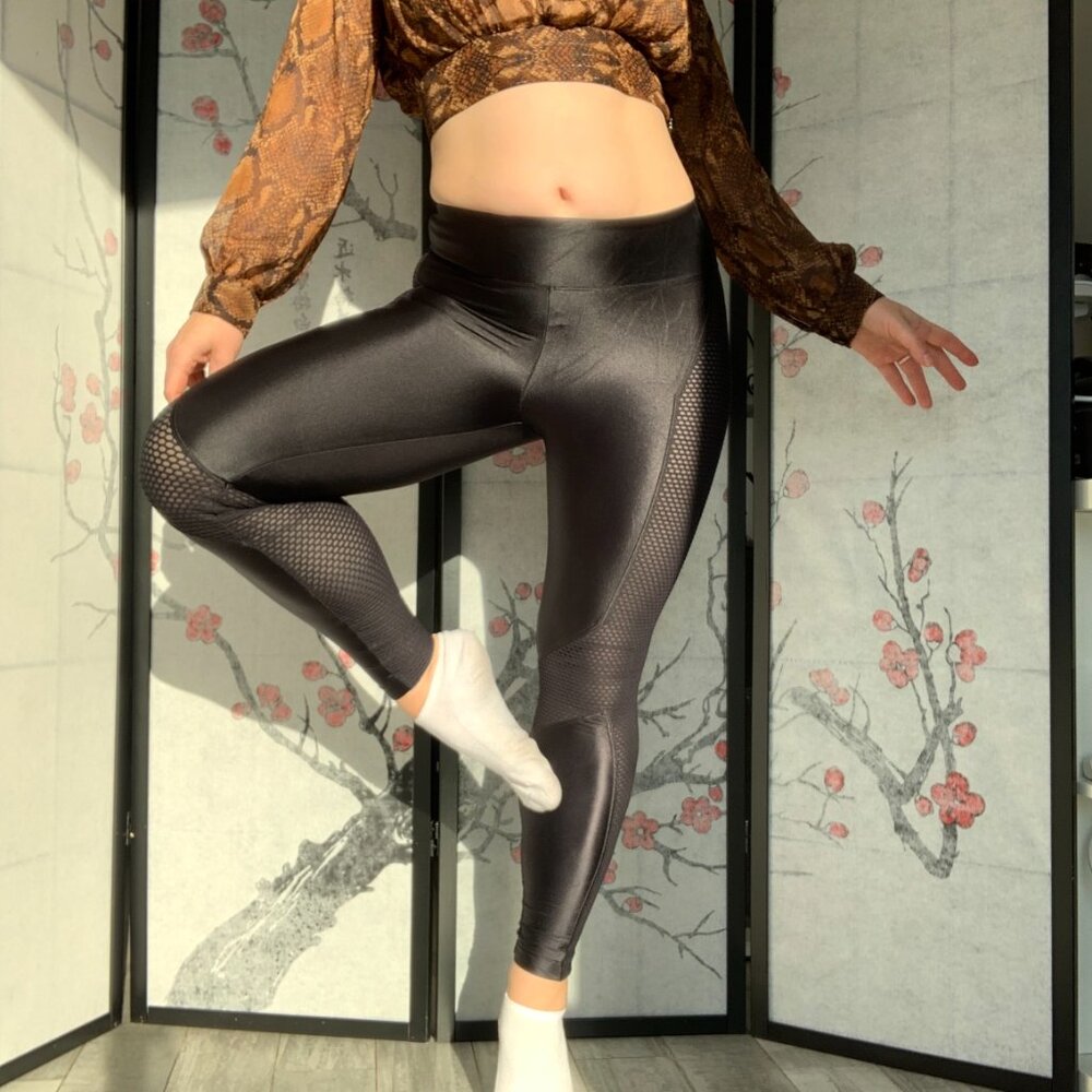 Koral by Ilana Kugel Faux Latex Leather Satin Gun Metallic Leggings Stretch